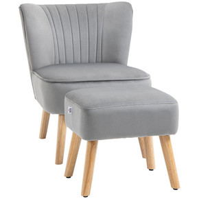 Velvet-Feel Accent Chair w/ Ottoman Tub Seat Padding Wood Legs Light Grey