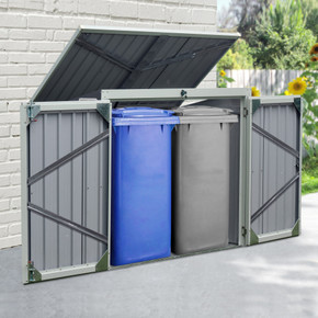 Steel Garden Storage Shed Double Door & Lid Dustbin Rubbish Cover 2 Trash Can