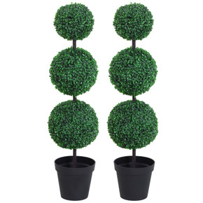  PE Set of 2 Artificial Boxwood Three Balls Topiary Plant Tree's Green