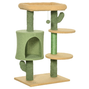 Multi-Lever Cat Tree with Scratching Posts and Cat House Bed, Green Pawhut