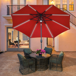 2.7m Garden Parasol Summer Shelter w/ LED Solar Light Crank Tilt Red