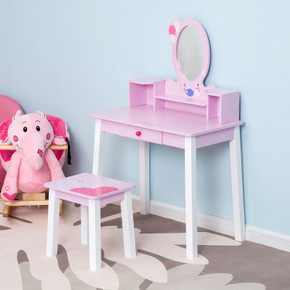 Adorable pink HOMCOM Kid Vanity Table Set with cartoon patterns and oval mirror - Perfect for children's bedrooms, playrooms, and creative spaces - Sturdy MDF and pinewood construction - Ample storage with drawer and compartments - Includes matching stool - Safe and stylish kids' furniture.