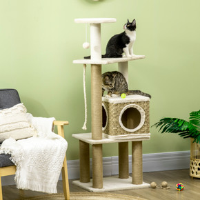 Cat Tree Climbing Tower w/ Scratching Post, Condo, Hanging Ball Toy Pawhut