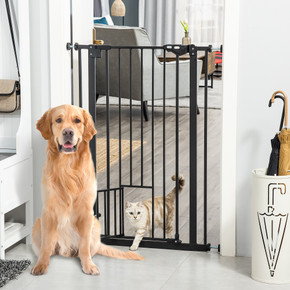 Extra Tall Dog Gate with Cat Door Auto Close for Stairs 74-80 cm Wide Pawhut