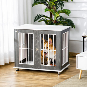 Modern Dog Crate Pet Kennel Cage w/ Lockable Door - Grey & White Pawhut