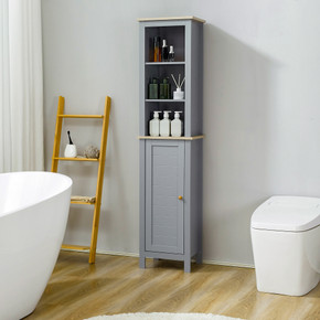 kleankin Bathroom Floor Tall Cabinet Storage Unit w/ Cupboard Adjustable Shelf