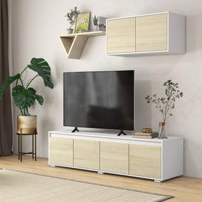 HOMCOM TV Cabinet Set with Wall-Mounted Cupboard and Adjustable Shelves, Natural