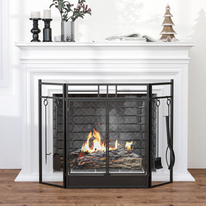 HOMCOM 3 Panel Folding Fire Screen with Double Door Fireplace Tool Accessary