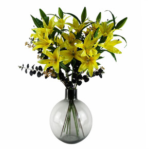 100cm Yellow Lily Black Eucalyptus Glass Ball Vase