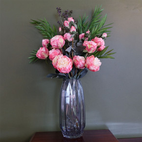 85cm Geometric Glass Vase Pink Peony and Berry Artificial Flowers