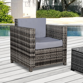 Outsunny Rattan Outdoor Garden Single Sofa Armchair in Grey colour, showcasing a chic square design with comfortable cushions. Made of durable PE rattan and a powder-coated metal frame, this waterproof chair is suitable for outdoor use. The chair features 10cm base cushions and 8cm back cushions filled with fire retardant sponge. Cushions are covered with removable and machine washable 180g polyester fabric. Available in Grey or Black. Dimensions: 75cm x 70cm x 80cm.
