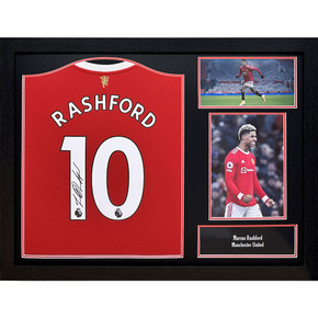 Manchester United FC Rashford Signed Shirt Framed 2021-2022 Season Replica hand-signed by Marcus Rashford in Manchester on 10th March 2023. Official licensed product with iconic red and white design. Limited edition collector's item in a sleek black frame