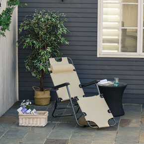 The image shows the Outsunny 2 in 1 Sun Lounger Folding Reclining Chair. It is a foldable outdoor chair with an adjustable backrest and a pillow for added comfort. The chair is made of metal and Oxford cloth, and it comes in various color options such as Beige, Grey, Blue, Black, and Red. It has a maximum load capacity of 136 kg and weighs approximately 5 kg. The overall dimensions of the chair are 135 cm in length, 60 cm in width, and 89 cm in height. When fully reclined, it measures 178 cm in length, 60 cm in width, and 29 cm in height. The seat is 47 cm wide, 50 cm deep, and 45 cm high. The backrest measures 47 cm in width and 75 cm in length. When folded, the chair is compact with dimensions of approximately 12 cm in diameter, 97 cm in length, and 60.5 cm in width. It comes in a flat pack and requires minimal assembly.