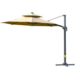 3m Cantilever Parasol w/ Solar Lights Power Bank Garden Umbrella 2-Tier Roof