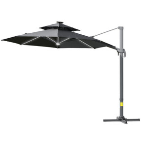 3m Cantilever Parasol w/ Solar Lights Power Bank Garden Umbrella 2-Tier Roof