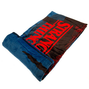 Stranger Things Premium Fleece Blanket - Upside Down Edition featuring a bright silhouette group shot and logo on soft coral fleece material, 200cm x 150cm - Official Licensed Merchandise