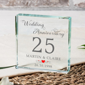 Premium Glass Wedding Anniversary Token - Personalized Keepsake Gift in Organza Bag - 90x90x20mm