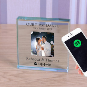 Personalized Glass Token showcasing 'Our First Dance' with Spotify Code integration - Premium Anniversary Gift, Ornament, and Paperweight for Weddings