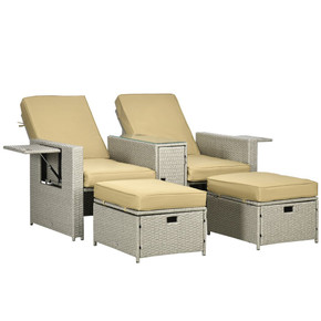 5-level Adjustable Rattan Sun Lounger w/ Storage Tea Table & Footstools, Beige