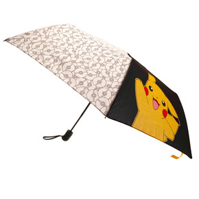 Pikachu-themed black, yellow, and white Pokémon umbrella with hard rubber handle, officially licensed, compact and stylish design, ideal for rainy days