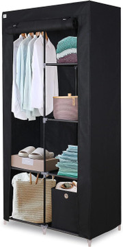 Knight Single Canvas Portable  Free Standing Wardrobe Shelving Clothes Storage with Hanging Rail and Cubic Drawer (1pc Included) - L 88cm x W 45cm x H 170cm - Black