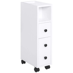 Slimline Bathroom Storage Unit w/ 2 Drawers 2 Open Compartments Wheels White