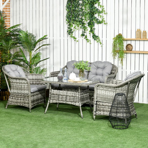 4 PCS Rattan Garden Furniture, Padded Conversation Sofa Set w/ Glass Top Table