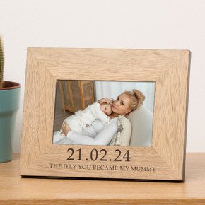 "The Day You Became My Mummy" personalised oak veneer wood picture frame displaying a 7x5 photograph.