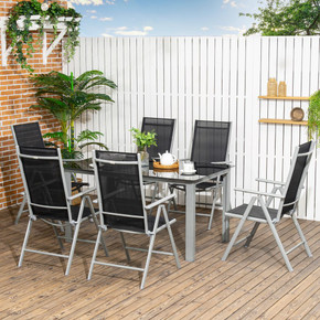 7pc Outdoor Dining Table and 6 Folding Chairs, Aluminium Patio Dining Set Black