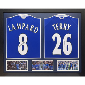 Image of framed Chelsea FC Lampard & Terry Signed Shirts featuring authentic 2000 replica shirts hand-signed by Frank Lampard and John Terry, with FA Cup final imagery. Dimensions approximately 86cm x 66cm. Officially licensed product with certificate of authenticity.