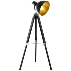Retro Tripod Floor Lamp  Dome Shade Light Wooden Legs-Black/Gold