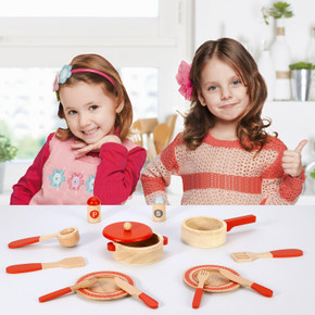 SOKA 14 PC Wooden Kitchen Red Cooking Set Pretend Role Play Set for Children