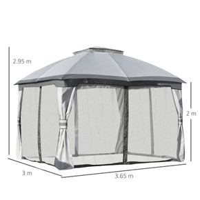 4x3m Metal Gazebo Canopy & Netting Sidewalls & Double Tiered Roof, Grey