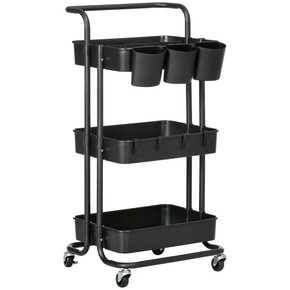 3-Tier Utility Cart, Serving Trolley with Mesh Baskets Removable Boxes, Black