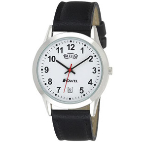 Ravel Gents Stainless Steel Day/Date  Faux Leather Strap Watch R0706.20.1