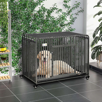 Foldable Heavy Duty Dog Crate on Wheels w/ Tray, for Medium and Large Dogs