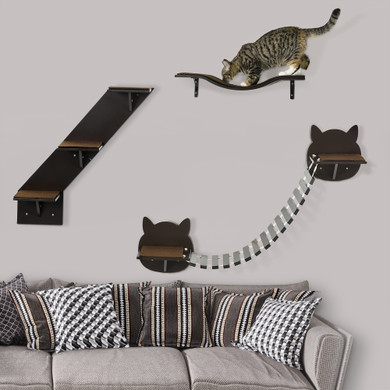 Three-Piece Wall-Mounted Cat Shelves w/ Jumping Platforms, Ladders - Brown