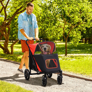 PawHut Foldable Dog Carriage w/ Universal Wheels, Shock Absorber - Red