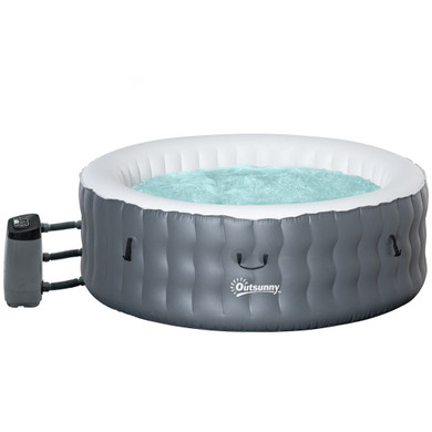 Outsunny Round Inflatable Hot Tub Bubble Spa - Grey, 4-6 Person, Surrounding Jets, Handheld LCD Display, Easy Setup, Outdoor Relaxation