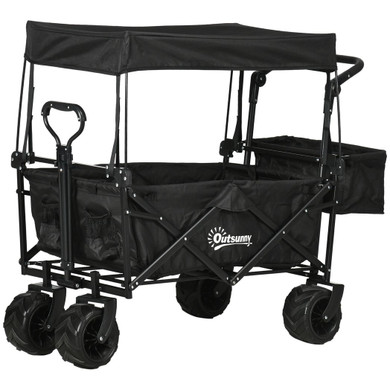 Trolley Cart Storage Wagon 4 Wheels w/ 2 Compartments Handle, Canopy, Black