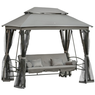 3 Seater Swing Chair Hammock Gazebo Double Tier Canopy, Cushioned Seat Grey