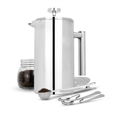 French Press Cafetiere Steel Coffee Maker FREE Filters & Spoons 1000ml | M&W