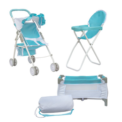 Olivia's Little World 3-in-1 Doll Stroller, Doll High Chair & Cot Set