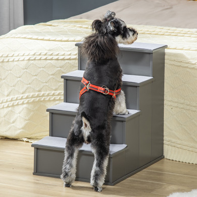 4 Step Wooden Dog Steps Pet Stairs Cat Ladder for Bed Couch, Grey Pawhut