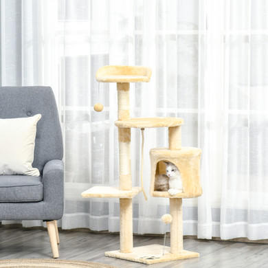 Cat Tree Activity Centre Scratching Post With Toys 4-tier Beige 114cm Pawhut