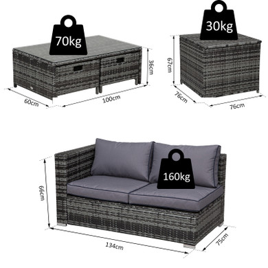 4pcs Rattan Sofa Storage & Table & 2 Drawers Cushions Corner Trunk Coffee Grey