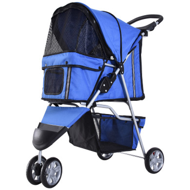 Pet Stroller Pushchair Carrier for Cat Puppy with 3 Wheels Blue Pawhut