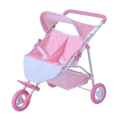 Olivia's Little World Double Twin Baby Doll Pram Stroller Pink Stars