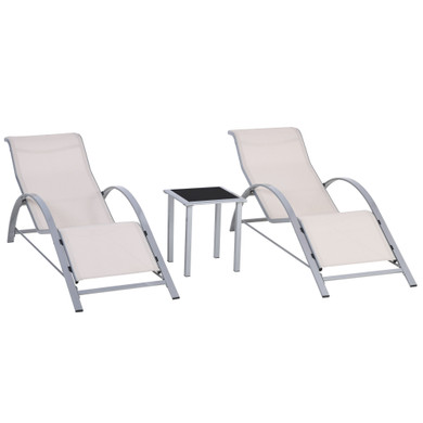 3 Pieces Lounge Chair Set Garden Sunbathing Chair w/ Table Cream Outsunny