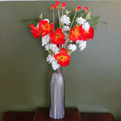 100cm Poppy and White Blossom Arrangement Glass Vase